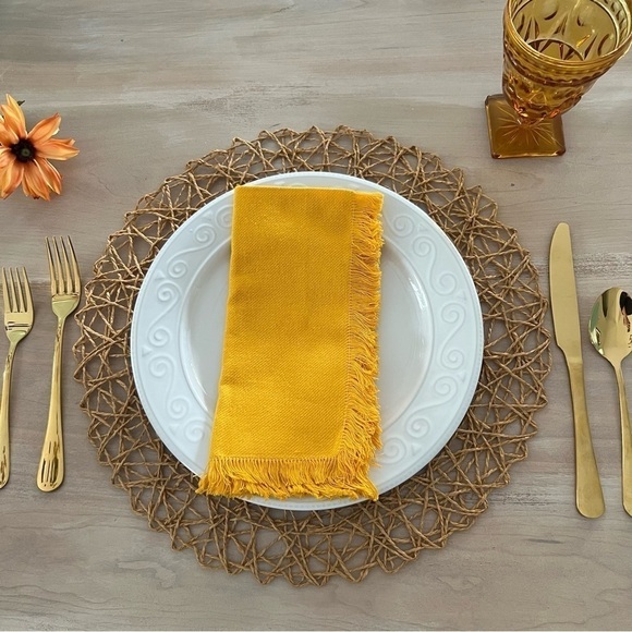 Kitchen Dining Cloth Napkins Set of 12 Mustard Yellow Fringe Hem 18 x 18 - Picture 1 of 8